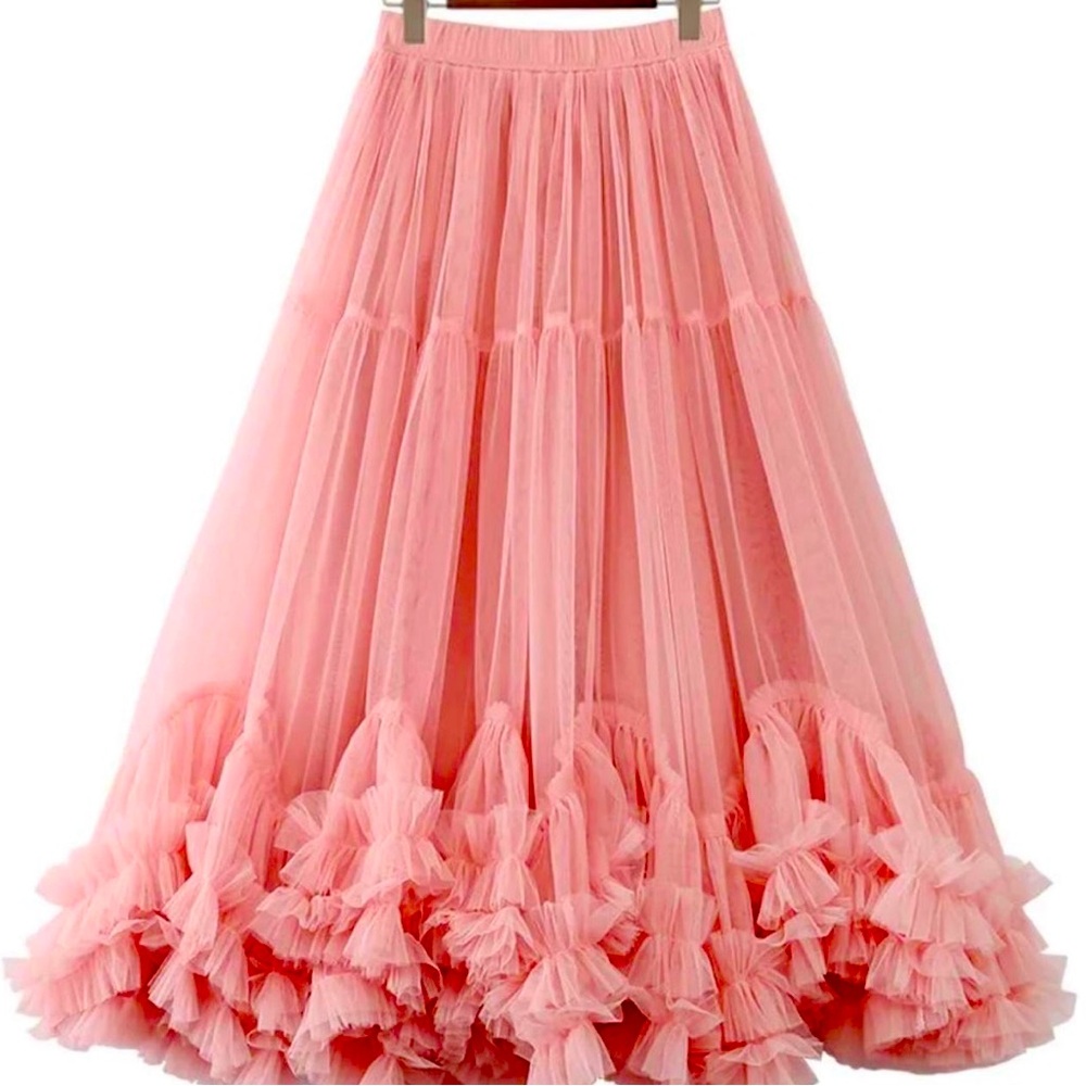 Blush Pink Chiffon Mesh Sheer Layered Ruffled Maxi Skirt (One size)